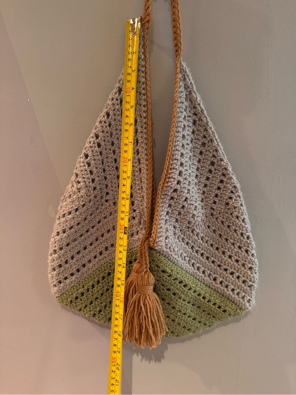 Handcrafted Gray and Olive Crochet Shoulder Bag with Tan Tassel - Picture 3 of 3